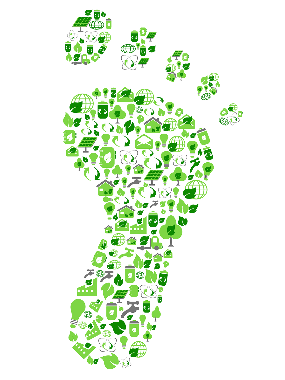 Ein grüner Fußabdruck. Er setzt sich zusammen aus vielen kleinen nachhaltigen Symbolen, wie z.B. dem Zeichen für Recycling, Solarenergie oder Bäumen.