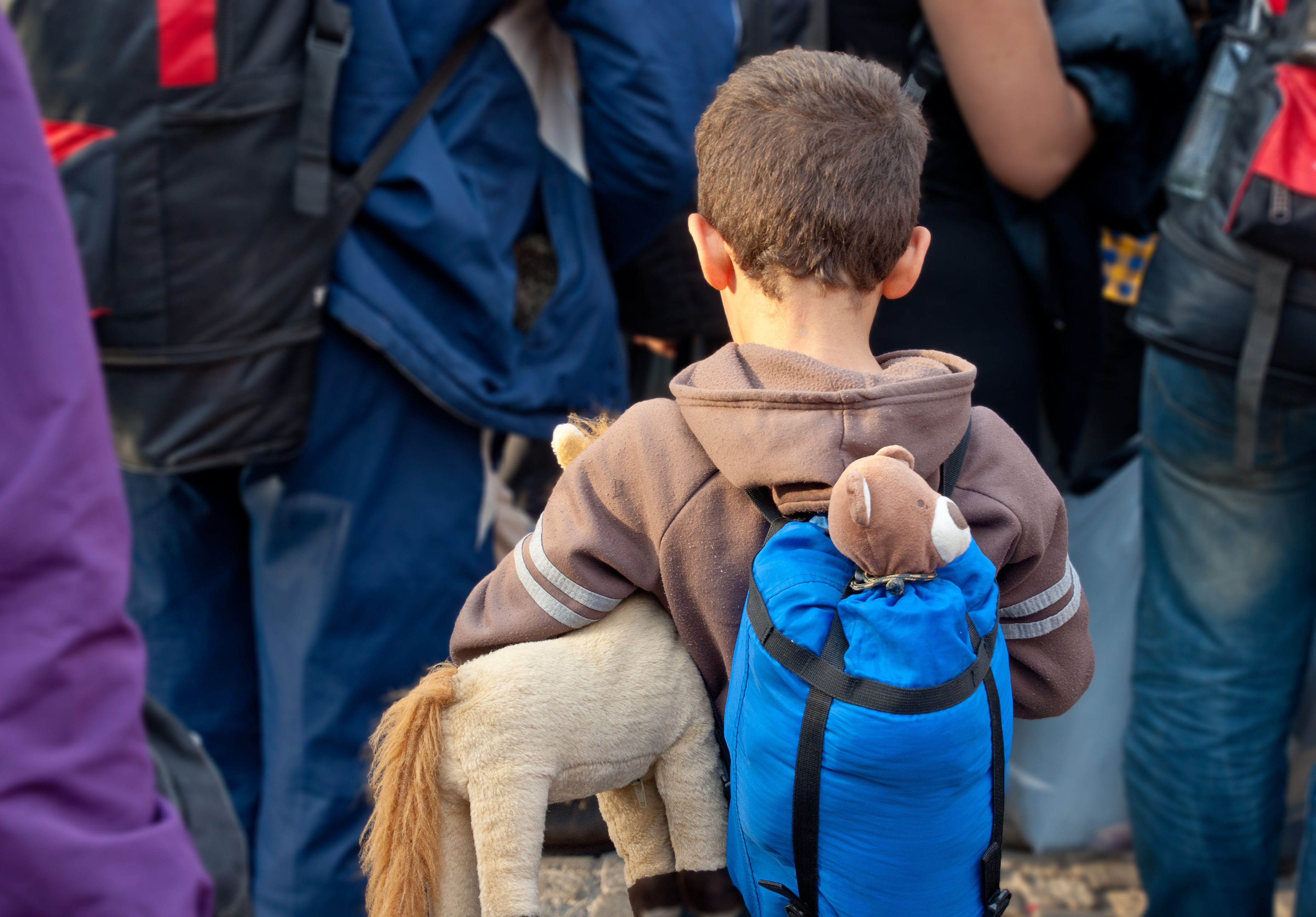 Der Betrachter sieht einen kleinen Jungen von hinten, der von Erwachsenen umringt ist. Alle bewegen sich in die gleiche Richtung und sind vollgepackt mit Dingen, die sie auf ihrer Flucht mitnehmen konnten. Der Junge hat einen Rucksack, aus dem ein Teddybär herausguckt. Unter seinem Arm hat er ein Stoffpferd.